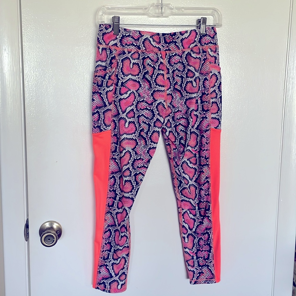 Athletic Works Pink, Peach and Black Snake Skin Patterned Leggings SZ L 10/12 +